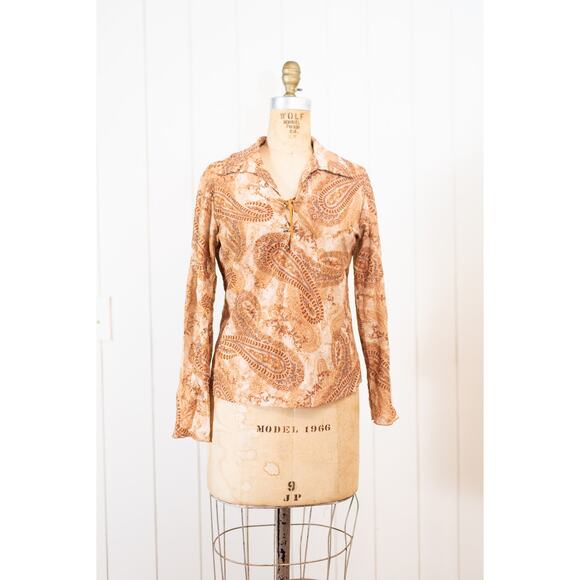 Vintage Y2K Boho Blouse M, Brown Cream Paisley Sheer Lace-Up V-Neck Hippie Shirt - Picture 1 of 13